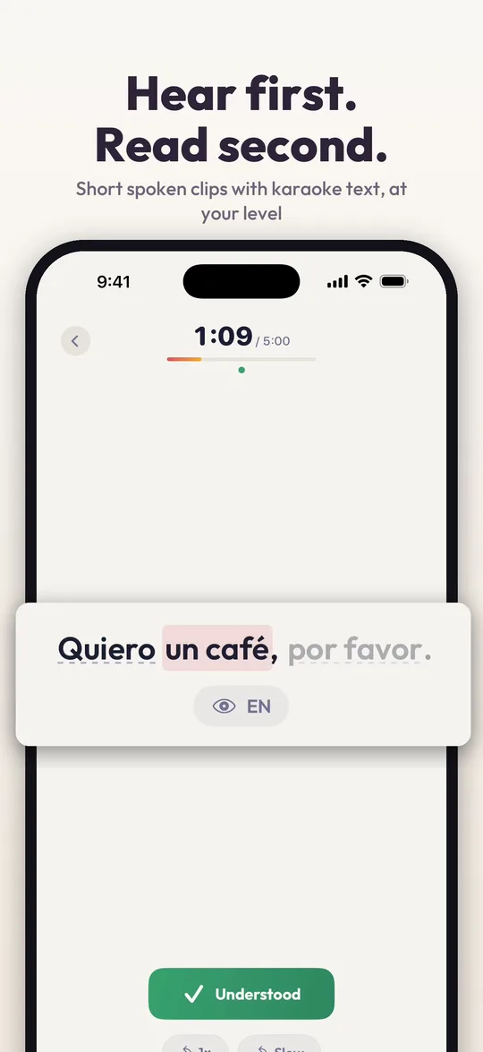 App Store screenshot: a Spanish sentence with karaoke highlighting and an Understood button.
