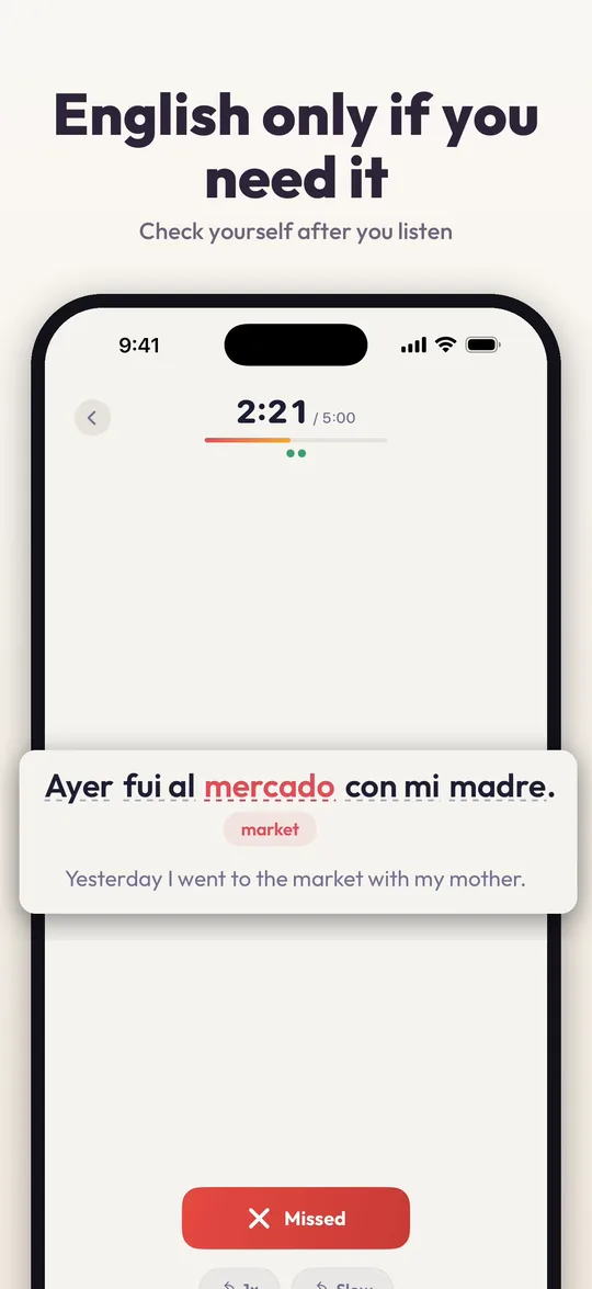 App Store screenshot: the English translation revealed under the sentence, with a Missed button.