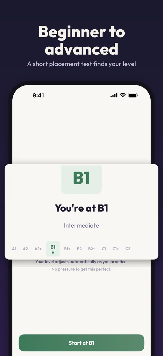 App Store screenshot: the placement result screen, showing an intermediate level.
