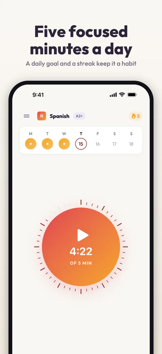 App Store screenshot: daily timer showing 4:22 of 5 minutes and a weekly streak.