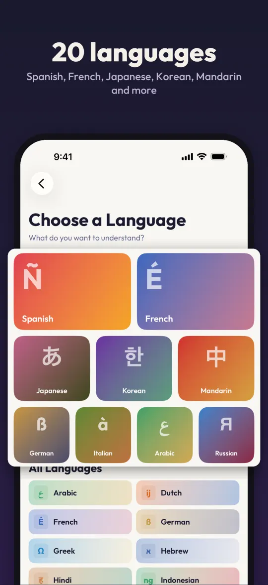 App Store screenshot: language picker with Spanish, French, Japanese, Korean, Mandarin and more.